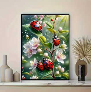 Preview: Diamond Painting Blumen mit Marienkäfern